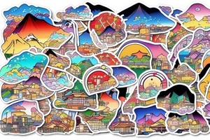 Japanese city colourful landscape anime style. Small tattoo, similar to a sticker. tattoo idea