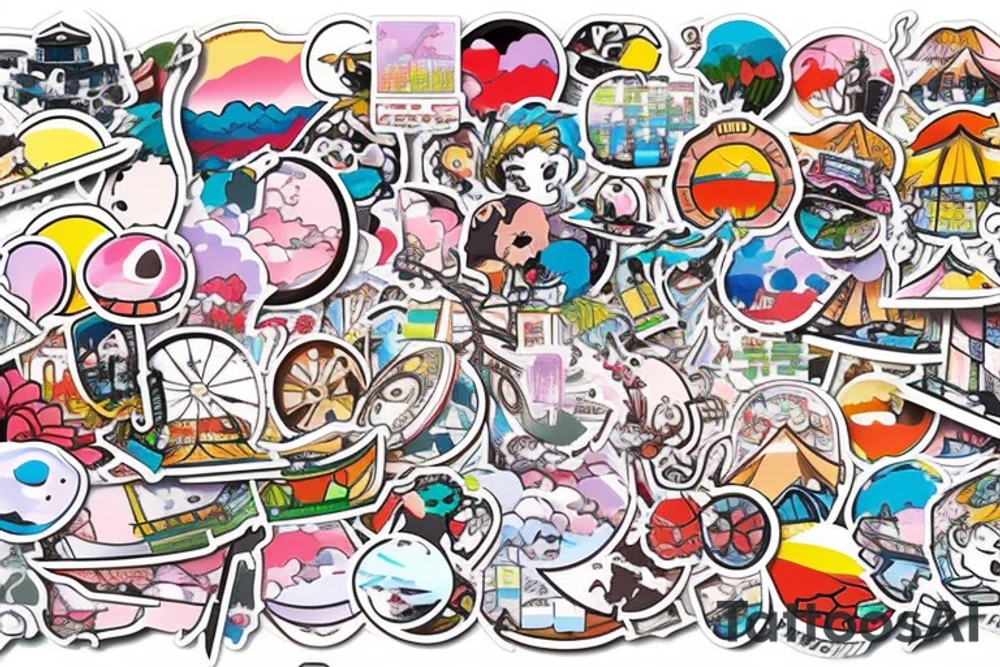 Japanese city colourful landscape anime style. Small tattoo, similar to a sticker. tattoo idea