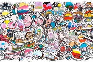 Japanese city colourful landscape anime style. Small tattoo, similar to a sticker. tattoo idea