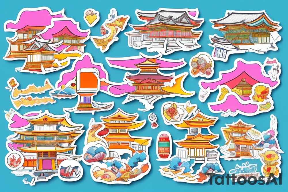 Japanese city colourful landscape anime style. Small tattoo, similar to a sticker. tattoo idea