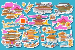 Japanese city colourful landscape anime style. Small tattoo, similar to a sticker. tattoo idea