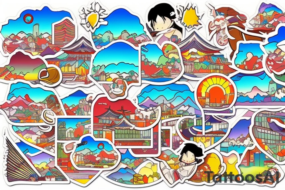 Japanese city colourful landscape anime style. Small tattoo, similar to a sticker. tattoo idea