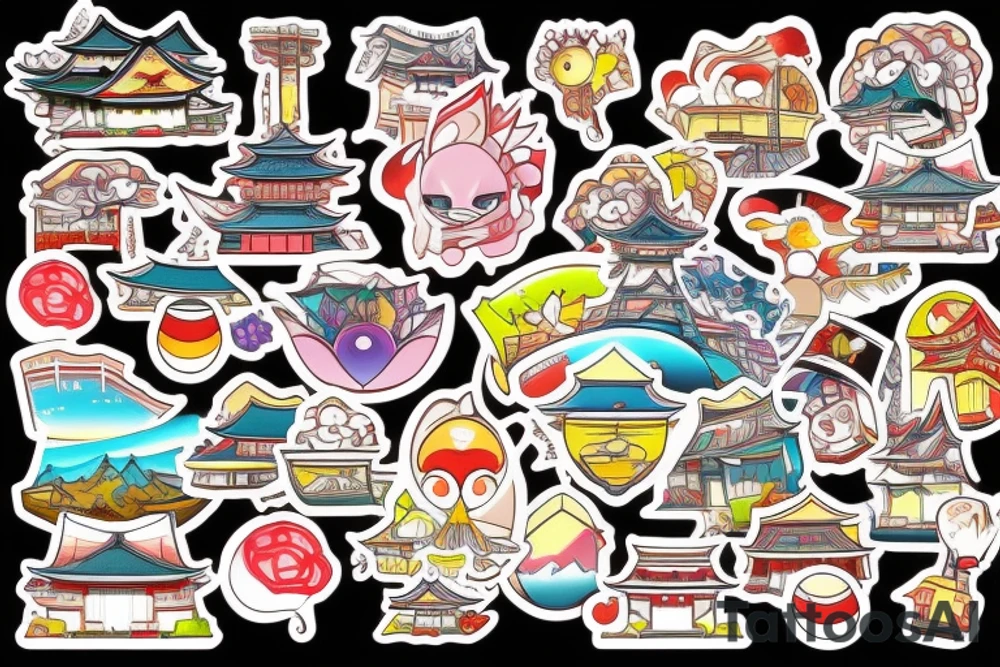 Japanese city colourful landscape anime style. Small tattoo, similar to a sticker. tattoo idea