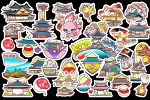 Japanese city colourful landscape anime style. Small tattoo, similar to a sticker. tattoo idea