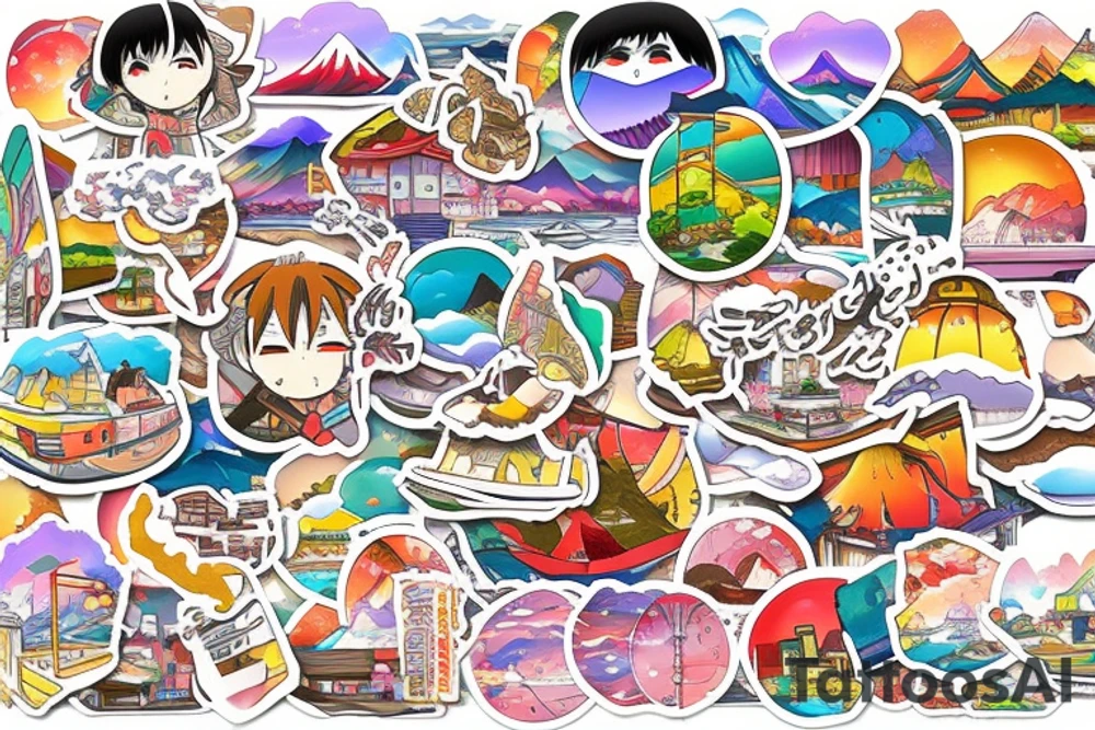 Japanese city colourful landscape anime style. Small tattoo, similar to a sticker. tattoo idea