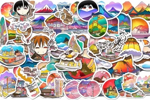Japanese city colourful landscape anime style. Small tattoo, similar to a sticker. tattoo idea