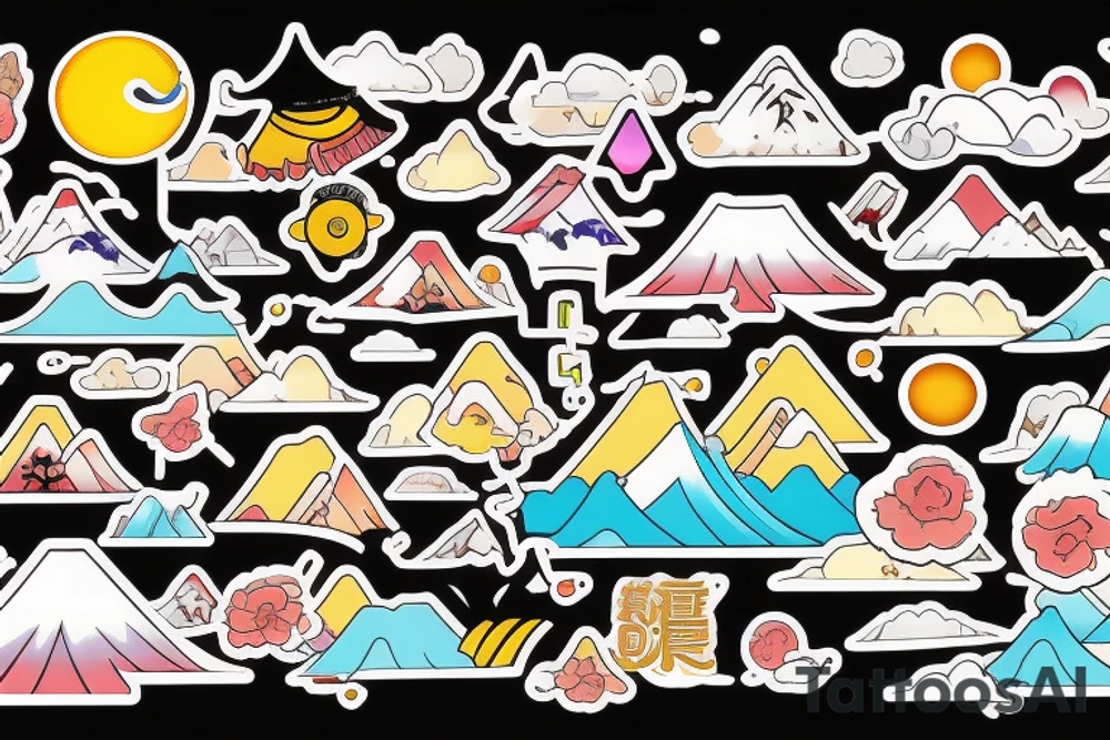 Japanese city colourful landscape anime style. Small tattoo, similar to a sticker. tattoo idea