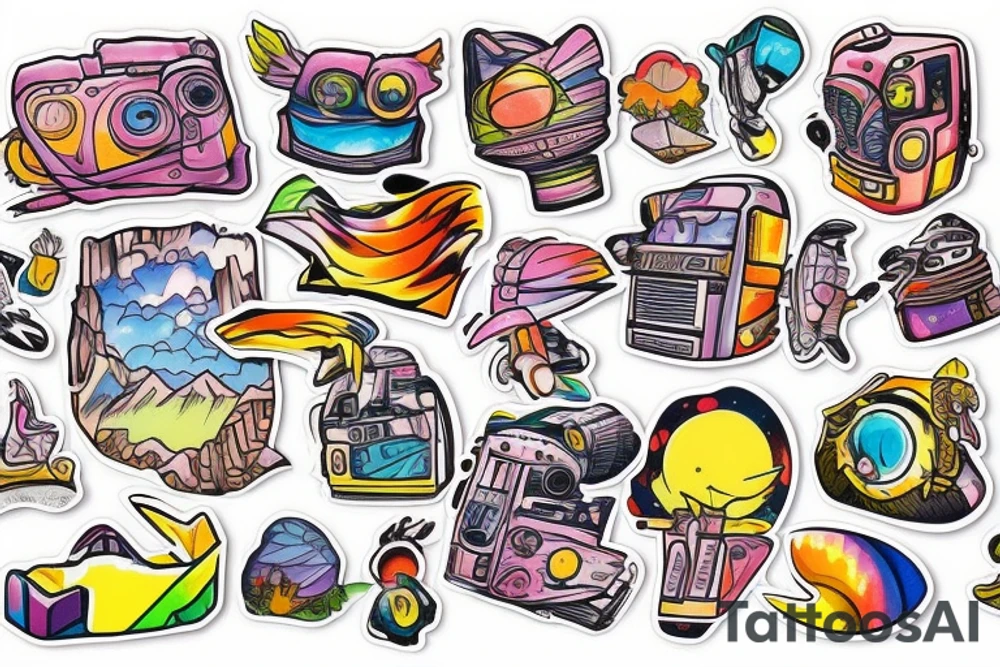 city colourful landscape anime style. Small tattoo, similar to a sticker. tattoo idea