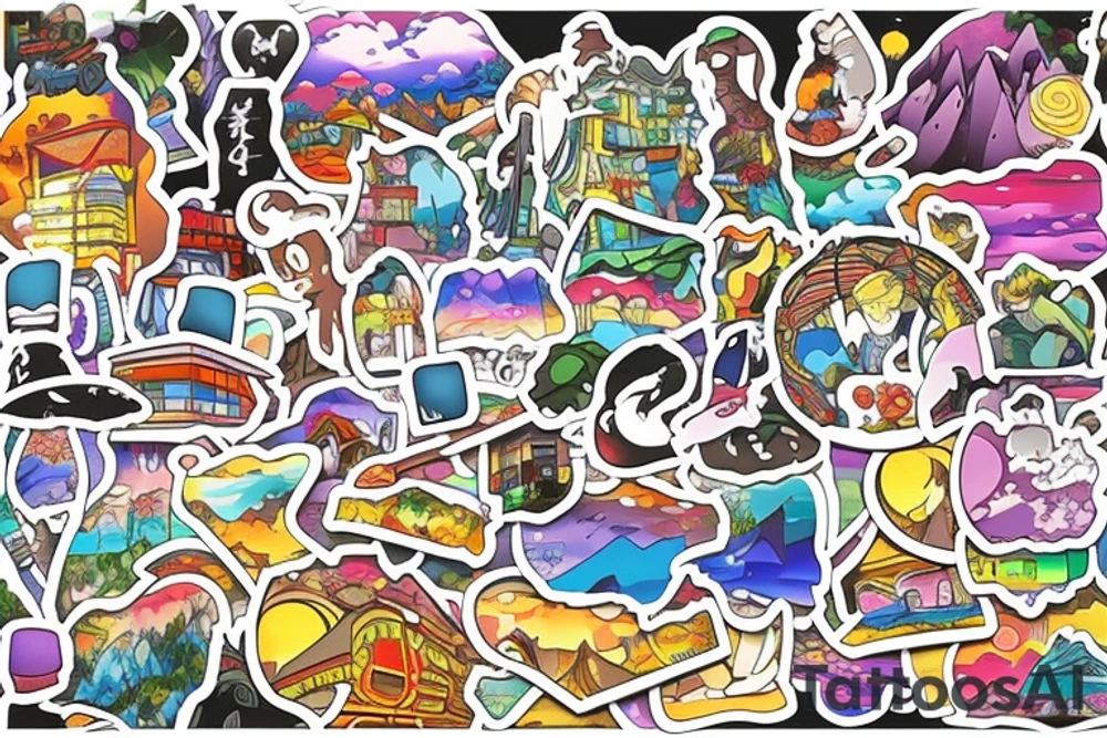 city colourful landscape anime style. Small tattoo, similar to a sticker. tattoo idea