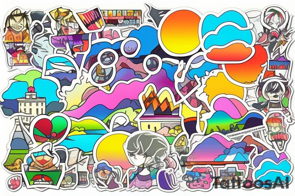city colourful landscape anime style. Small tattoo, similar to a rectangle sticker. tattoo idea