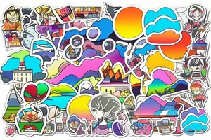 city colourful landscape anime style. Small tattoo, similar to a rectangle sticker. tattoo idea