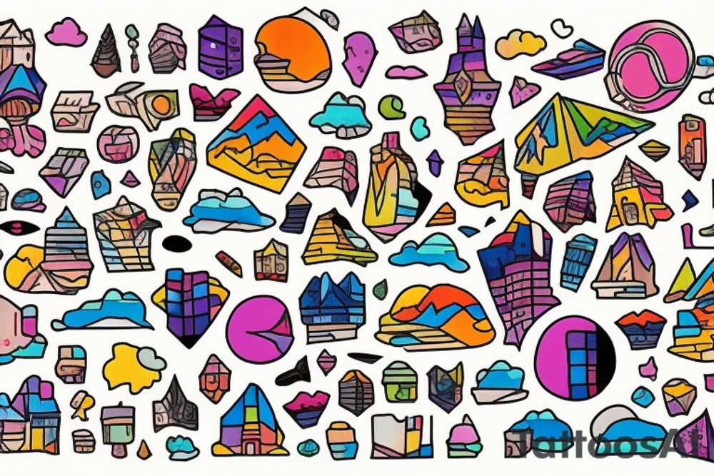 city colourful landscape anime style. Small tattoo, similar to a sticker. Rectangle shape tattoo idea