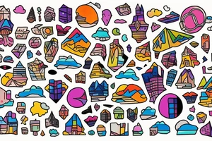 city colourful landscape anime style. Small tattoo, similar to a sticker. Rectangle shape tattoo idea