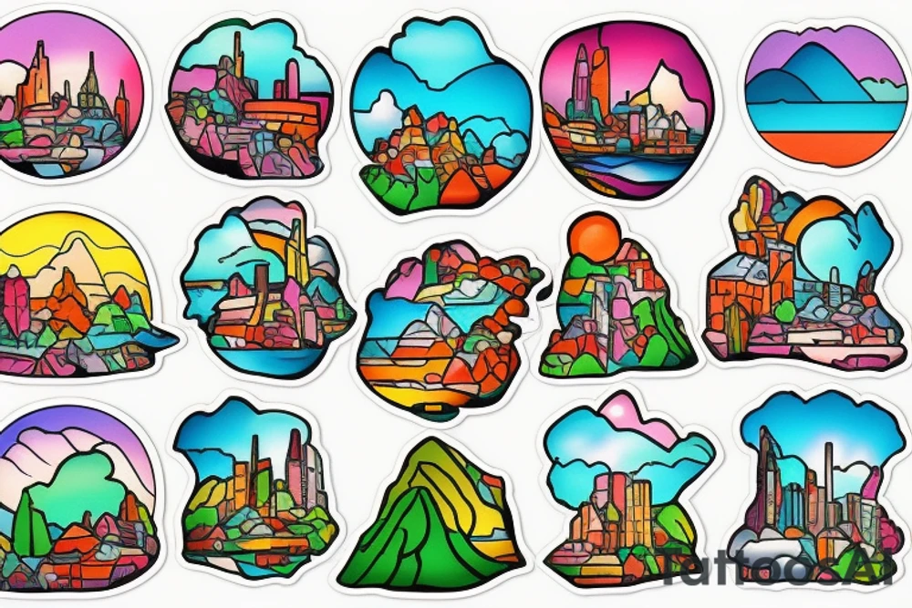 city colourful landscape anime style. Small tattoo, similar to a sticker. tattoo idea