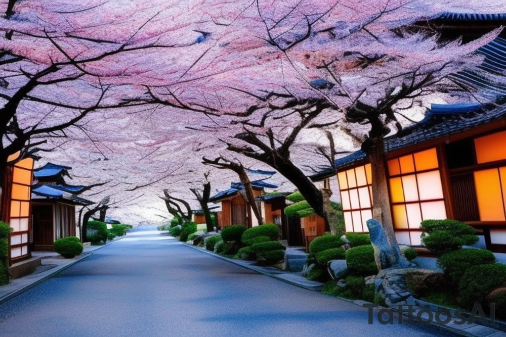 I want a small rectangular tattoo featuring a beautiful watercolor landscape of a Japanese street with a stunning blue sky or sunset. The scene should capture the essence of a peaceful and serene neighborhood in Japan, with traditional houses, lanterns, and cherry blossom trees if possible. The colors should be vibrant and blend seamlessly, creating a dreamy and calming atmosphere. I envision this tattoo as a reminder of the beauty and tranquility that can be found in everyday life. tattoo idea