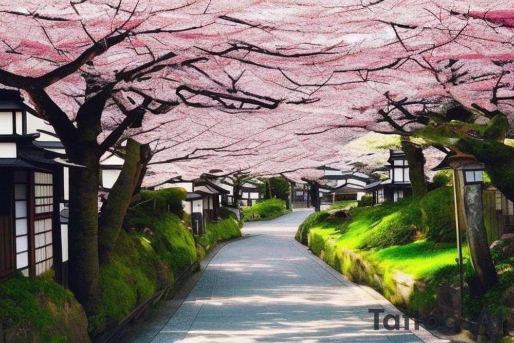 I want a small rectangular tattoo featuring a beautiful watercolor landscape of a Japanese street with a stunning blue sky or sunset. The scene should capture the essence of a peaceful and serene neighborhood in Japan, with traditional houses, lanterns, and cherry blossom trees if possible. The colors should be vibrant and blend seamlessly, creating a dreamy and calming atmosphere. I envision this tattoo as a reminder of the beauty and tranquility that can be found in everyday life. tattoo idea