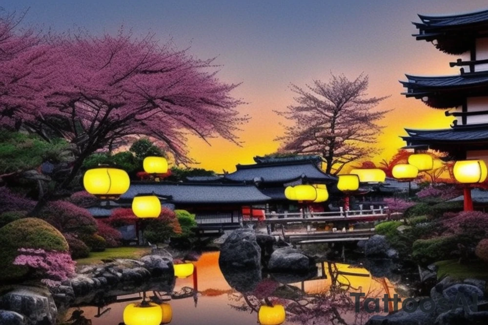 I want a small rectangular tattoo featuring a beautiful watercolor landscape of a Japanese street with a stunning blue sky or sunset. The scene should capture the essence of a peaceful and serene neighborhood in Japan, with traditional houses, lanterns, and cherry blossom trees if possible. The colors should be vibrant and blend seamlessly, creating a dreamy and calming atmosphere. I envision this tattoo as a reminder of the beauty and tranquility that can be found in everyday life. tattoo idea