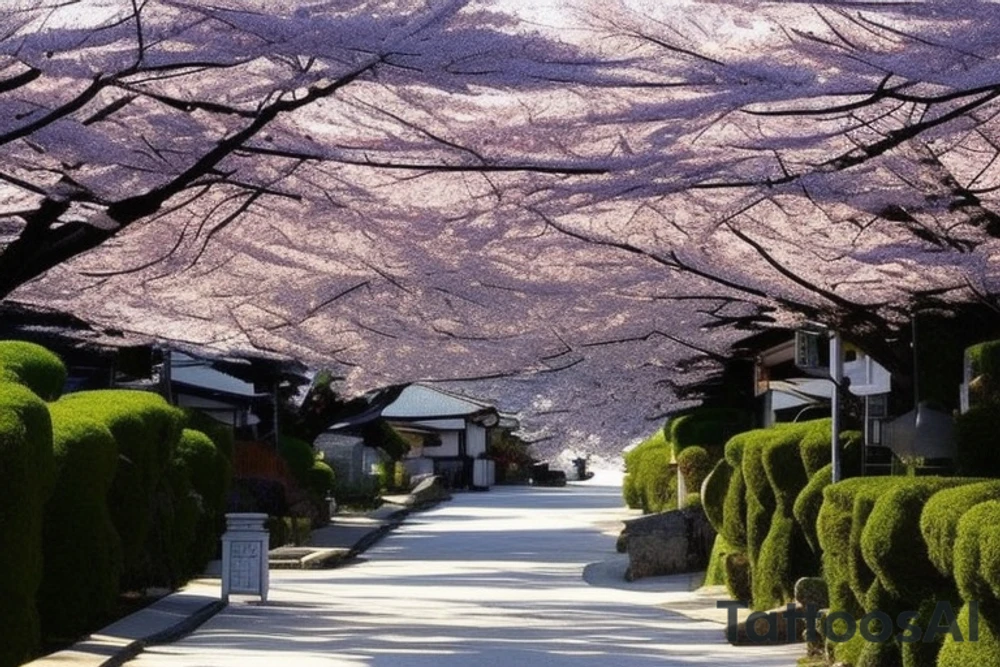I want a small rectangular tattoo featuring a beautiful watercolor landscape of a Japanese street with a stunning blue sky or sunset. The scene should capture the essence of a peaceful and serene neighborhood in Japan, with traditional houses, lanterns, and cherry blossom trees if possible. The colors should be vibrant and blend seamlessly, creating a dreamy and calming atmosphere. I envision this tattoo as a reminder of the beauty and tranquility that can be found in everyday life. tattoo idea
