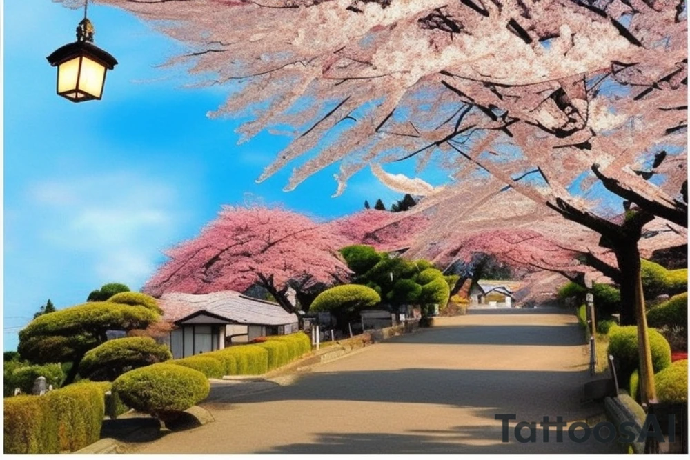 I want a small rectangular tattoo featuring a beautiful watercolor landscape of a Japanese street with a stunning blue sky or sunset. The scene should capture the essence of a peaceful and serene neighborhood in Japan, with traditional houses, lanterns, and cherry blossom trees if possible. The colors should be vibrant and blend seamlessly, creating a dreamy and calming atmosphere. I envision this tattoo as a reminder of the beauty and tranquility that can be found in everyday life. tattoo idea