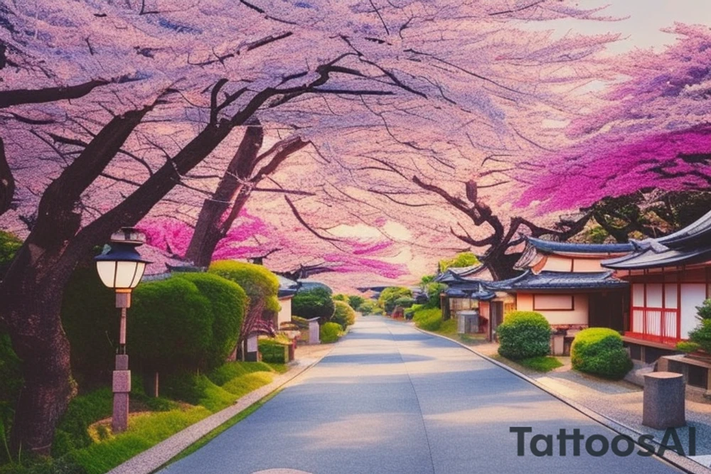 I want a small rectangular tattoo featuring a beautiful watercolor landscape of a Japanese street with a stunning blue sky or sunset. The scene should capture the essence of a peaceful and serene neighborhood in Japan, with traditional houses, lanterns, and cherry blossom trees if possible. The colors should be vibrant and blend seamlessly, creating a dreamy and calming atmosphere. I envision this tattoo as a reminder of the beauty and tranquility that can be found in everyday life. tattoo idea
