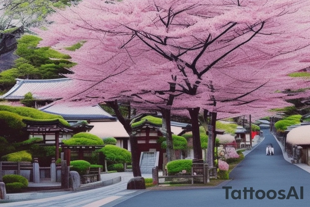 I want a small rectangular tattoo featuring a beautiful watercolor landscape of a Japanese street with a stunning blue sky or sunset. The scene should capture the essence of a peaceful and serene neighborhood in Japan, with traditional houses, lanterns, and cherry blossom trees if possible. The colors should be vibrant and blend seamlessly, creating a dreamy and calming atmosphere. I envision this tattoo as a reminder of the beauty and tranquility that can be found in everyday life. tattoo idea
