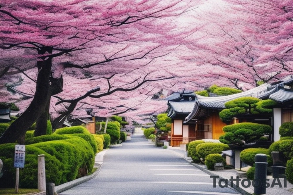 I want a small rectangular tattoo featuring a beautiful watercolor landscape of a Japanese street with a stunning blue sky or sunset. The scene should capture the essence of a peaceful and serene neighborhood in Japan, with traditional houses, lanterns, and cherry blossom trees if possible. The colors should be vibrant and blend seamlessly, creating a dreamy and calming atmosphere. I envision this tattoo as a reminder of the beauty and tranquility that can be found in everyday life. tattoo idea