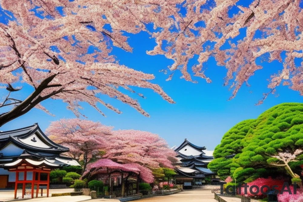 I want a small rectangular tattoo featuring a beautiful watercolor landscape of a Japanese street with a stunning blue sky or sunset. The scene should capture the essence of a peaceful and serene neighborhood in Japan, with traditional houses, lanterns, and cherry blossom trees if possible. The colors should be vibrant and blend seamlessly, creating a dreamy and calming atmosphere. I envision this tattoo as a reminder of the beauty and tranquility that can be found in everyday life, and I would like it to be in the style of Makoto Shinkai's anime art, with his signature soft and ethereal touch. tattoo idea