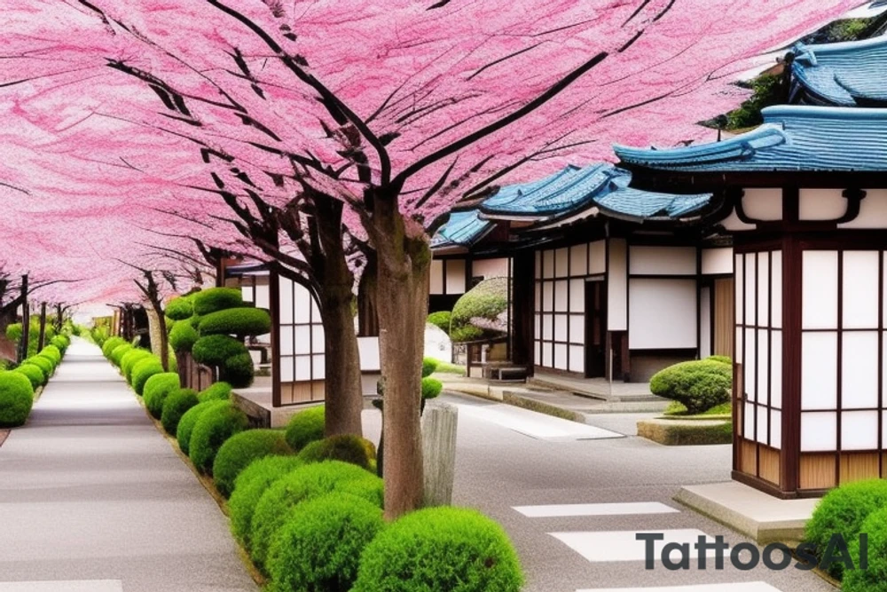 I want a small rectangular tattoo featuring a beautiful watercolor landscape of a Japanese street with a stunning blue sky or sunset. The scene should capture the essence of a peaceful and serene neighborhood in Japan, with traditional houses, lanterns, and cherry blossom trees if possible. The colors should be vibrant and blend seamlessly, creating a dreamy and calming atmosphere. I envision this tattoo as a reminder of the beauty and tranquility that can be found in everyday life, and I would like it to be in the style of Makoto Shinkai's anime art, with his signature soft and ethereal touch. tattoo idea