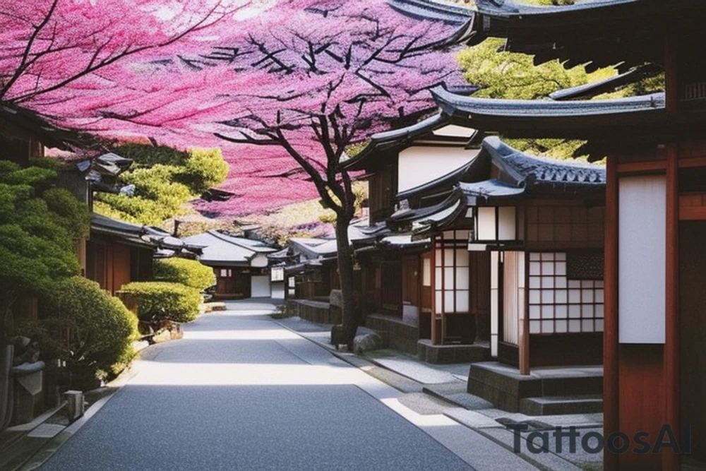 I want a small rectangular tattoo featuring a beautiful watercolor landscape of a Japanese street with a stunning blue sky or sunset. The scene should capture the essence of a peaceful and serene neighborhood in Japan, with traditional houses, lanterns, and cherry blossom trees if possible. The colors should be vibrant and blend seamlessly, creating a dreamy and calming atmosphere. I envision this tattoo as a reminder of the beauty and tranquility that can be found in everyday life, and I would like it to be in the style of Makoto Shinkai's anime art, with his signature soft and ethereal touch. tattoo idea