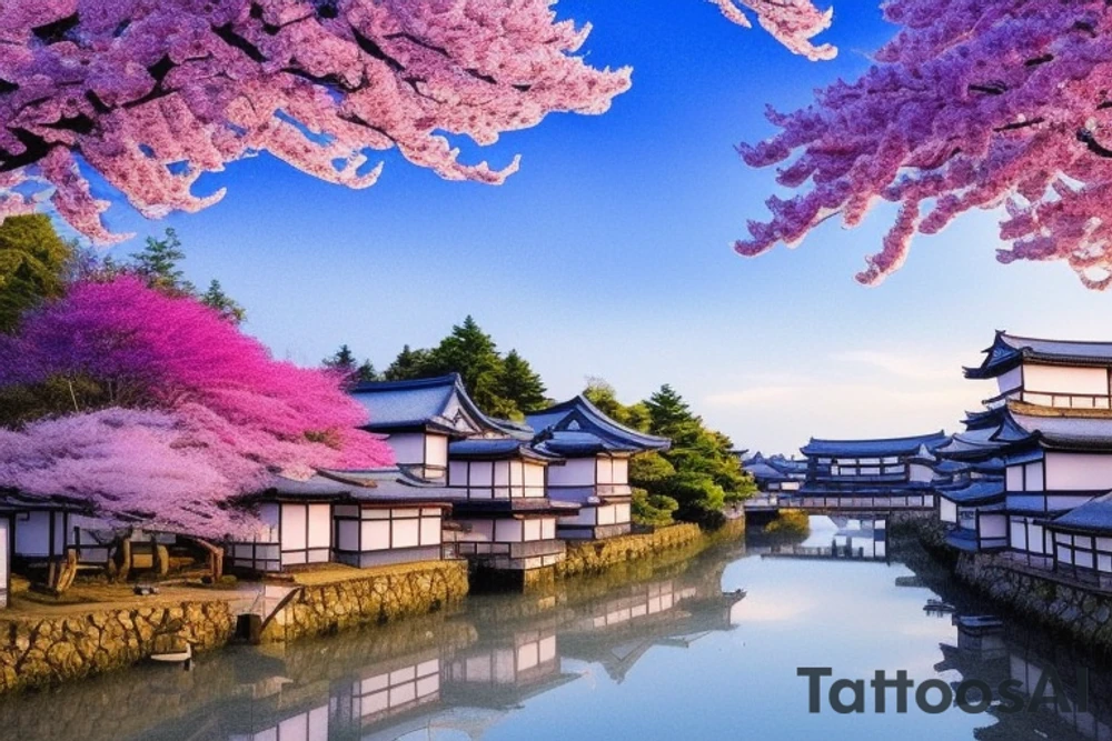 I want a small rectangular tattoo featuring a beautiful watercolor landscape of a Japanese street with a stunning blue sky or sunset. The scene should capture the essence of a peaceful and serene neighborhood in Japan, with traditional houses, lanterns, and cherry blossom trees if possible. The colors should be vibrant and blend seamlessly, creating a dreamy and calming atmosphere. I envision this tattoo as a reminder of the beauty and tranquility that can be found in everyday life, and I would like it to be in the style of Makoto Shinkai's anime art, with his signature soft and ethereal touch. tattoo idea