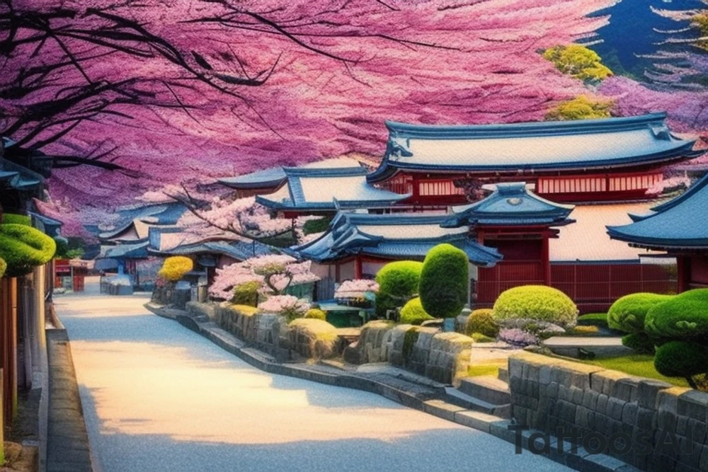 I want a small rectangular tattoo featuring a beautiful watercolor landscape of a Japanese street with a stunning blue sky or sunset. The scene should capture the essence of a peaceful and serene neighborhood in Japan, with traditional houses, lanterns, and cherry blossom trees if possible. The colors should be vibrant and blend seamlessly, creating a dreamy and calming atmosphere. I envision this tattoo as a reminder of the beauty and tranquility that can be found in everyday life, and I would like it to be in the style of Makoto Shinkai's anime art, with his signature soft and ethereal touch. tattoo idea
