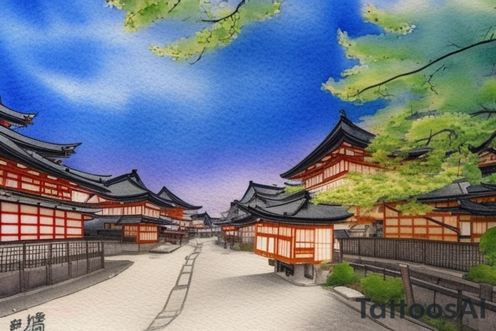I want a small rectangular tattoo featuring a beautiful watercolor landscape of a Japanese street with a stunning blue sky or sunset. The scene should capture the essence of a peaceful and serene neighborhood in Japan, with traditional houses, lanterns, and cherry blossom trees if possible. The colors should be vibrant and blend seamlessly, creating a dreamy and calming atmosphere. I envision this tattoo as a reminder of the beauty and tranquility that can be found in everyday life, and I would like it to be in the style of Makoto Shinkai's anime art, with his signature soft and ethereal touch. tattoo idea