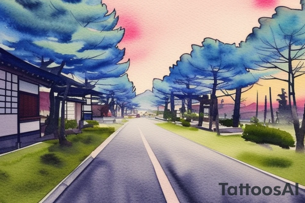 I want a small rectangular tattoo featuring a beautiful watercolor landscape of a modern Japanese street with a stunning blue sky or sunset. The scene should capture the essence of a peaceful and serene neighborhood in present-day Japan, with contemporary architecture, street signs, and maybe even some modern vehicles. However, I would still like the overall feel of the tattoo to be tranquil and dreamy, with a touch of nostalgia. I envision this tattoo as a reminder of the beauty and tranquility that can be found in everyday life, and I would like it to be in the style of Makoto Shinkai's anime art, with his signature soft and ethereal touch. tattoo idea