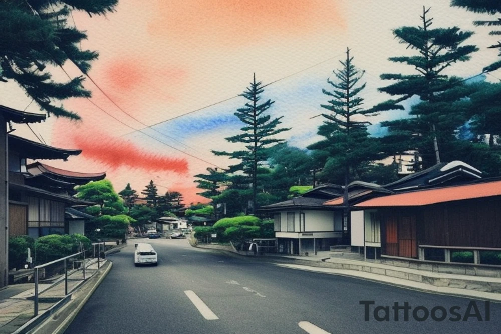 I want a small rectangular tattoo featuring a beautiful watercolor landscape of a modern Japanese street with a stunning blue sky or sunset. The scene should capture the essence of a peaceful and serene neighborhood in present-day Japan, with contemporary architecture, street signs, and maybe even some modern vehicles. However, I would still like the overall feel of the tattoo to be tranquil and dreamy, with a touch of nostalgia. I envision this tattoo as a reminder of the beauty and tranquility that can be found in everyday life, and I would like it to be in the style of Makoto Shinkai's anime art, with his signature soft and ethereal touch. tattoo idea