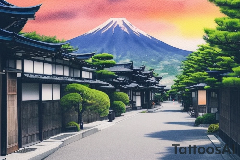 I want a small rectangular tattoo featuring a beautiful watercolor landscape of a modern Japanese street with a stunning blue sky or sunset. The scene should capture the essence of a peaceful and serene neighborhood in present-day Japan, with contemporary architecture, street signs, and maybe even some modern vehicles. However, I would still like the overall feel of the tattoo to be tranquil and dreamy, with a touch of nostalgia. I envision this tattoo as a reminder of the beauty and tranquility that can be found in everyday life, and I would like it to be in the style of Makoto Shinkai's anime art, with his signature soft and ethereal touch. tattoo idea
