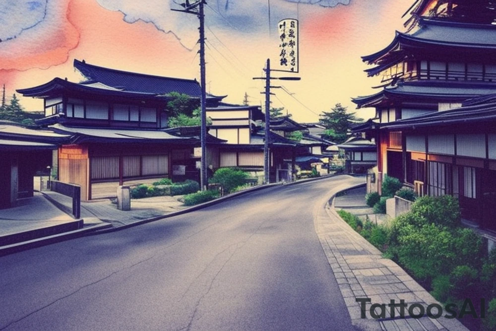 I want a small rectangular tattoo featuring a beautiful watercolor landscape of a modern Japanese street with a stunning blue sky or sunset. The scene should capture the essence of a peaceful and serene neighborhood in present-day Japan, with contemporary architecture, street signs, and maybe even some modern vehicles. However, I would still like the overall feel of the tattoo to be tranquil and dreamy, with a touch of nostalgia. I envision this tattoo as a reminder of the beauty and tranquility that can be found in everyday life, and I would like it to be in the style of Makoto Shinkai's anime art, with his signature soft and ethereal touch. tattoo idea