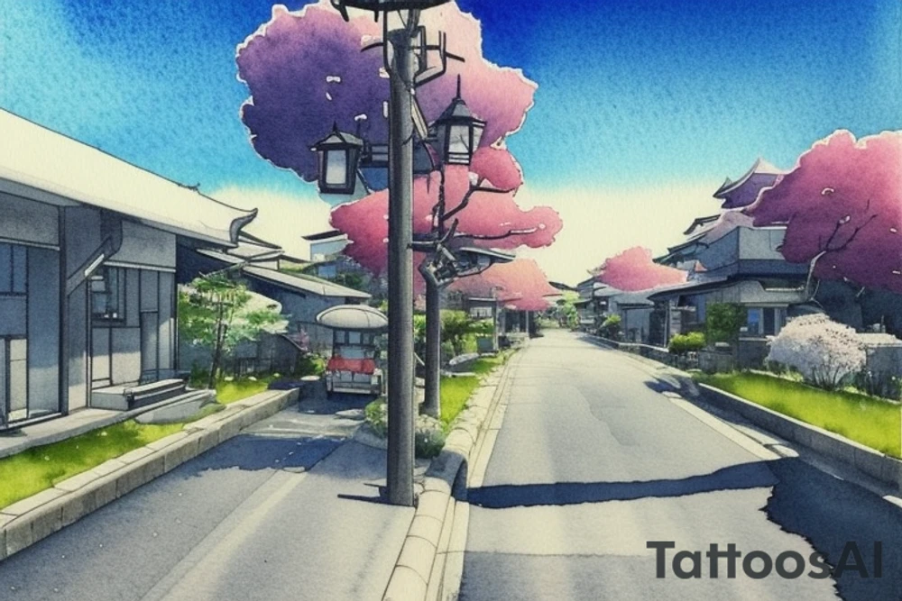 I want a small rectangular tattoo featuring a beautiful watercolor landscape of a modern Japanese street with a stunning blue sky or sunset. The scene should capture the essence of a peaceful and serene neighborhood in present-day Japan, with contemporary architecture, street signs, and maybe even some modern vehicles. However, I would still like the overall feel of the tattoo to be tranquil and dreamy, with a touch of nostalgia. I envision this tattoo as a reminder of the beauty and tranquility that can be found in everyday life, and I would like it to be in the style of Makoto Shinkai's anime art, with his signature soft and ethereal touch. tattoo idea