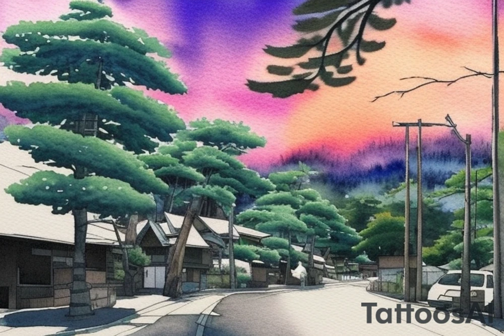 I want a small rectangular tattoo featuring a beautiful watercolor landscape of a modern Japanese street with a stunning blue sky or sunset. The scene should capture the essence of a peaceful and serene neighborhood in present-day Japan, with contemporary architecture, street signs, and maybe even some modern vehicles. However, I would still like the overall feel of the tattoo to be tranquil and dreamy, with a touch of nostalgia. I envision this tattoo as a reminder of the beauty and tranquility that can be found in everyday life, and I would like it to be in the style of Makoto Shinkai's anime art, with his signature soft and ethereal touch. tattoo idea