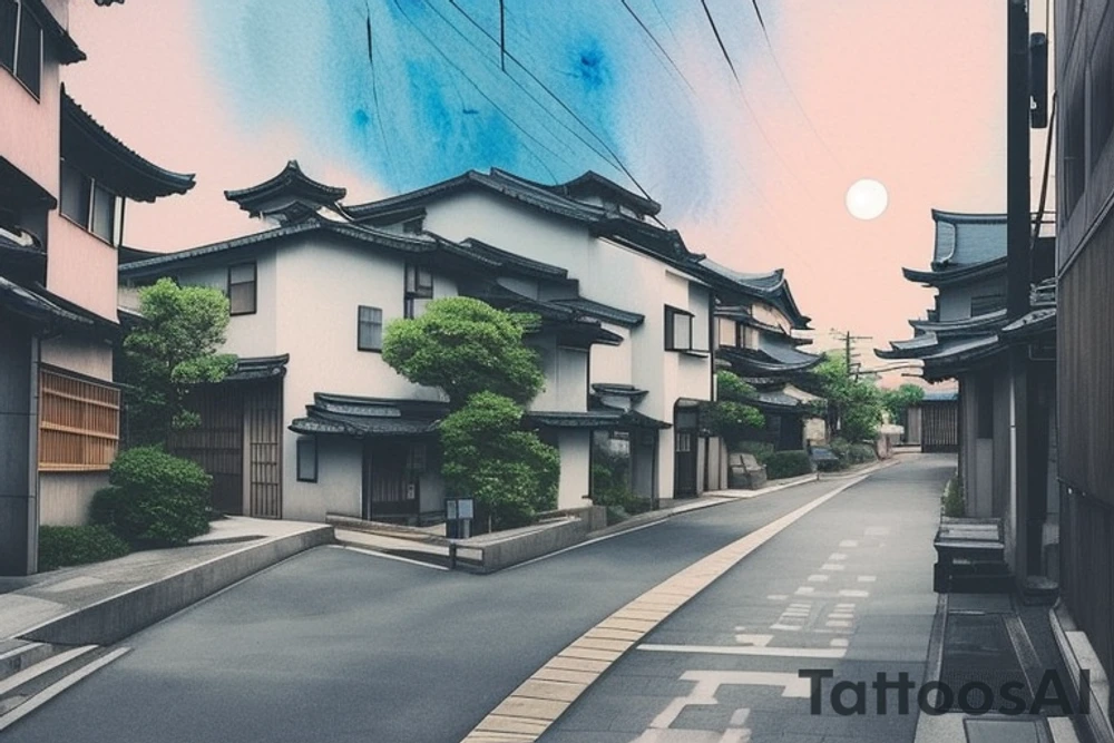 I want a small rectangular tattoo featuring a beautiful watercolor landscape of a modern Japanese street with a stunning blue sky or sunrise. The scene should capture the essence of a peaceful and serene neighborhood in present-day Japan, with contemporary architecture, street signs, and maybe even some modern vehicles. However, I would still like the overall feel of the tattoo to be tranquil and dreamy, with a touch of nostalgia. I envision this tattoo as a reminder of the beauty and tranquility that can be found in everyday life, and I would like it to be in the style of Makoto Shinkai's anime art, with his signature soft and ethereal touch. tattoo idea
