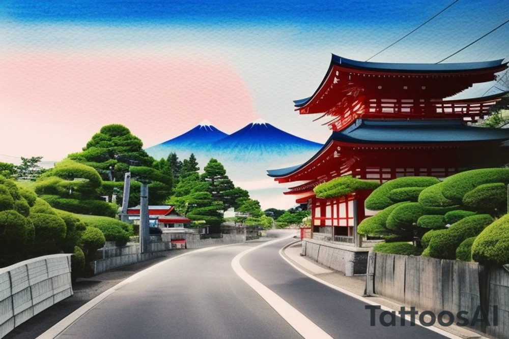 I want a small rectangular tattoo featuring a beautiful watercolor landscape of a modern Japanese street with a stunning blue sky or sunrise. The scene should capture the essence of a peaceful and serene neighborhood in present-day Japan, with contemporary architecture, street signs, and maybe even some modern vehicles. However, I would still like the overall feel of the tattoo to be tranquil and dreamy, with a touch of nostalgia. I envision this tattoo as a reminder of the beauty and tranquility that can be found in everyday life, and I would like it to be in the style of Makoto Shinkai's anime art, with his signature soft and ethereal touch. tattoo idea