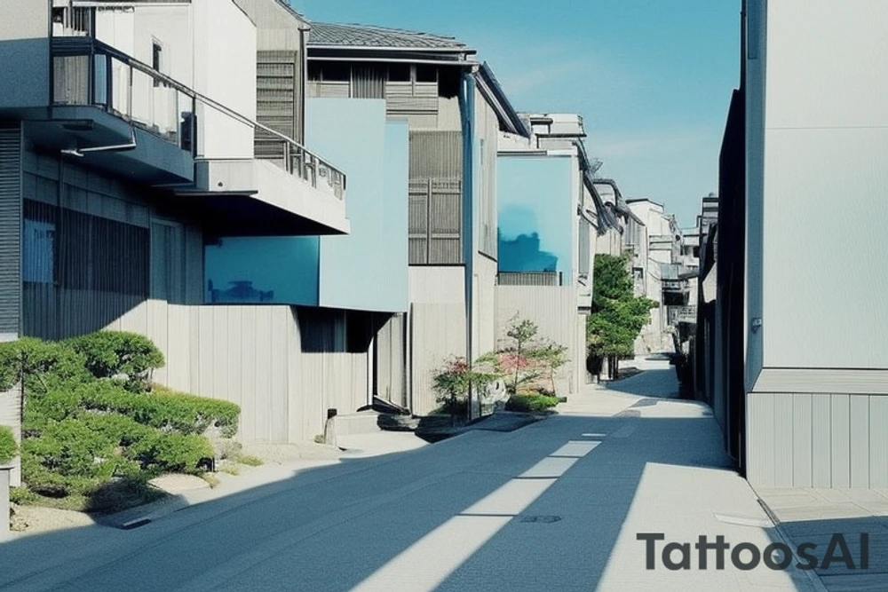 I want a small rectangular tattoo featuring a beautiful watercolor landscape of a modern Japanese street with a stunning blue sky or sunrise. The scene should capture the essence of a peaceful and serene neighborhood in present-day Japan, with contemporary architecture, street signs, and maybe even some modern vehicles. However, I would still like the overall feel of the tattoo to be tranquil and dreamy, with a touch of nostalgia. I envision this tattoo as a reminder of the beauty and tranquility that can be found in everyday life, and I would like it to be in the style of Makoto Shinkai's anime art, with his signature soft and ethereal touch. tattoo idea