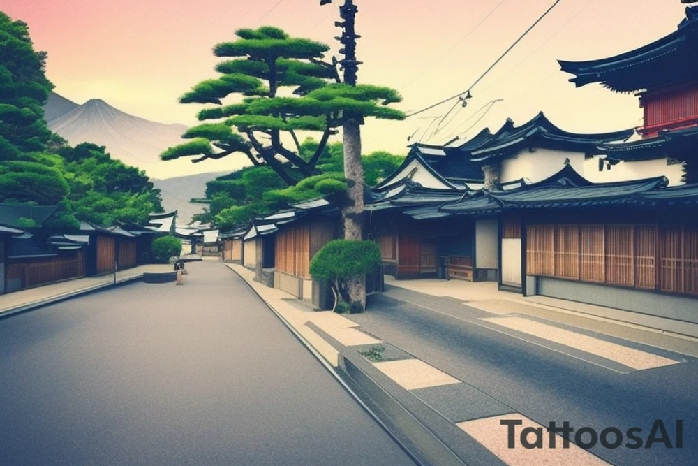 I want a small rectangular tattoo featuring a beautiful watercolor landscape of a modern Japanese street with a stunning blue sky or sunrise. The scene should capture the essence of a peaceful and serene neighborhood in present-day Japan, with contemporary architecture, street signs, and maybe even some modern vehicles. However, I would still like the overall feel of the tattoo to be tranquil and dreamy, with a touch of nostalgia. I envision this tattoo as a reminder of the beauty and tranquility that can be found in everyday life, and I would like it to be in the style of Makoto Shinkai's anime art, with his signature soft and ethereal touch. tattoo idea