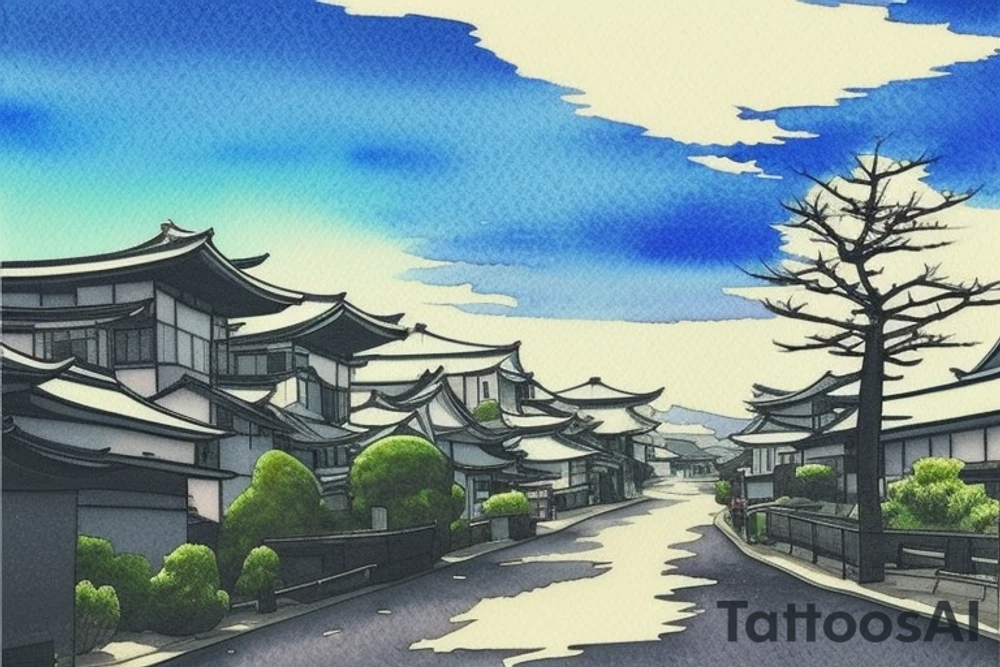 I want a small rectangular tattoo featuring a beautiful watercolor landscape of a modern Japanese street with a stunning blue sky or sunrise. The scene should capture the essence of a peaceful and serene neighborhood in present-day Japan, with contemporary architecture, street signs, and maybe even some modern vehicles. However, I would still like the overall feel of the tattoo to be tranquil and dreamy, with a touch of nostalgia. I envision this tattoo as a reminder of the beauty and tranquility that can be found in everyday life, and I would like it to be in the style of Makoto Shinkai's anime art, with his signature soft and ethereal touch. tattoo idea