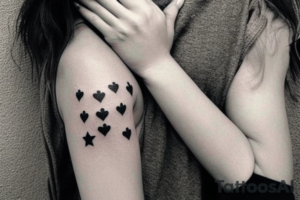 I would like to get several small tattoos that are suitable for placement on my fingers and hands. These tattoos can be either in color or black and white. Some examples of designs that I would like are stars, hearts, flowers, or other cute images that are simple yet visually appealing. I would like these tattoos to be understated but still noticeable, and I am open to suggestions for other designs that would work well on such a small canvas. Ultimately, I want these tattoos to be a fun and unique expression of my personal style and interests. tattoo idea