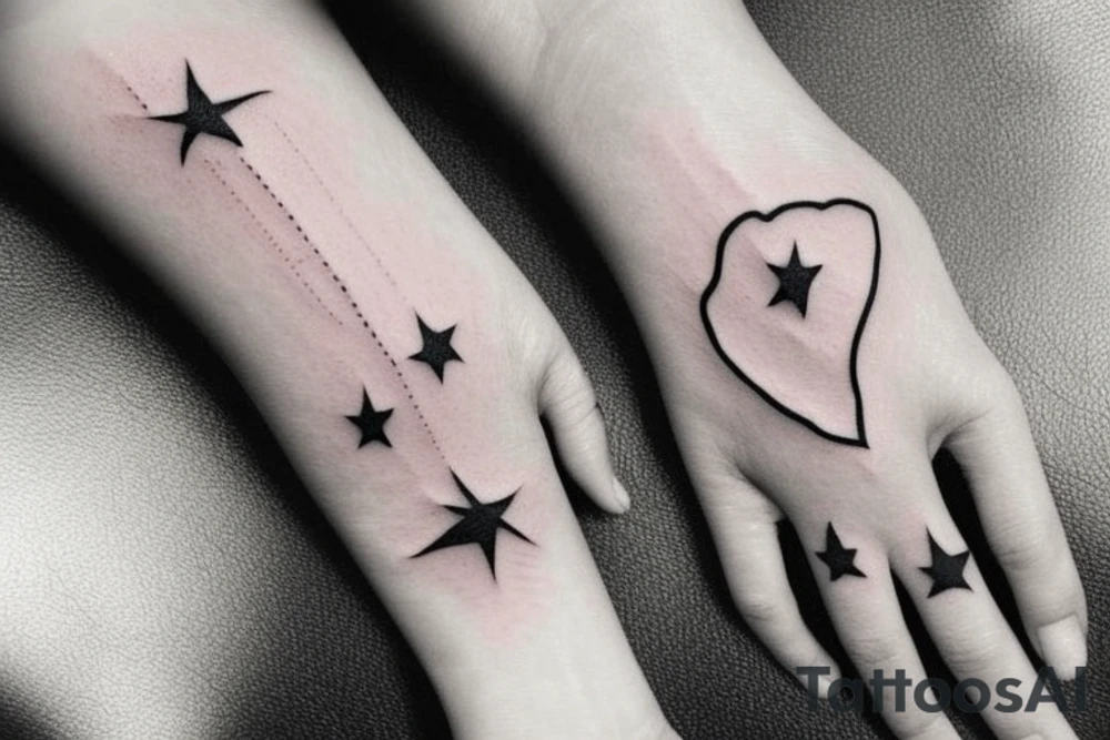 I would like to get several small tattoos that are suitable for placement on my fingers and hands. These tattoos can be either in color or black and white. Some examples of designs that I would like are stars, hearts, flowers, or other cute images that are simple yet visually appealing. I would like these tattoos to be understated but still noticeable, and I am open to suggestions for other designs that would work well on such a small canvas. Ultimately, I want these tattoos to be a fun and unique expression of my personal style and interests. tattoo idea