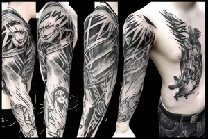 A sleeve that looks like scar's from full metal alchemist but incorporates the five solae of protestant Christian belief tattoo idea
