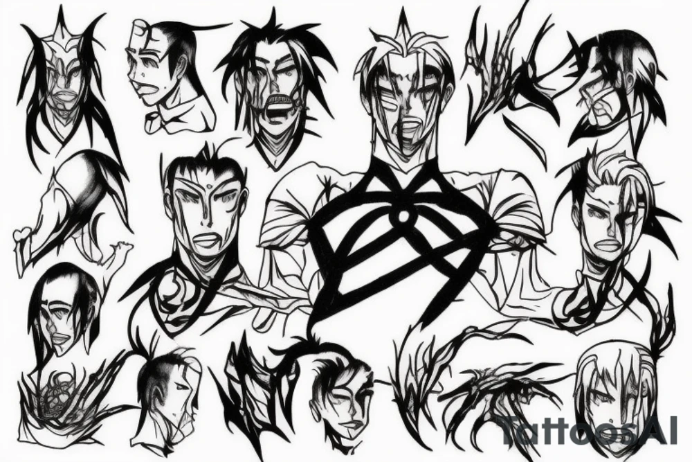 Line art that looks like scar's tattoo from full metal alchemist but incorporates the five solae of protestant Christian belief tattoo idea