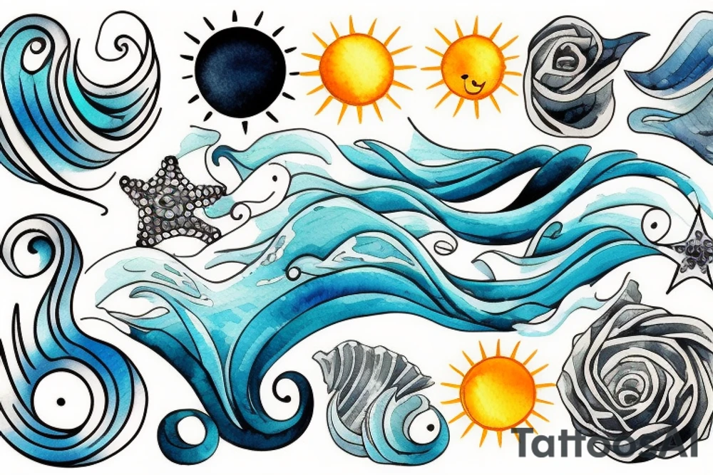 Sea, waves, sun, colour tattoo idea