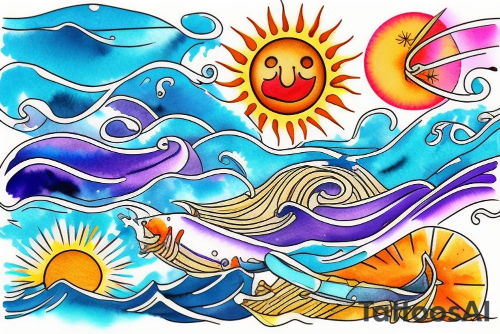 Sea, waves, sun, colourful tattoo idea