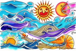 Sea, waves, sun, colourful tattoo idea